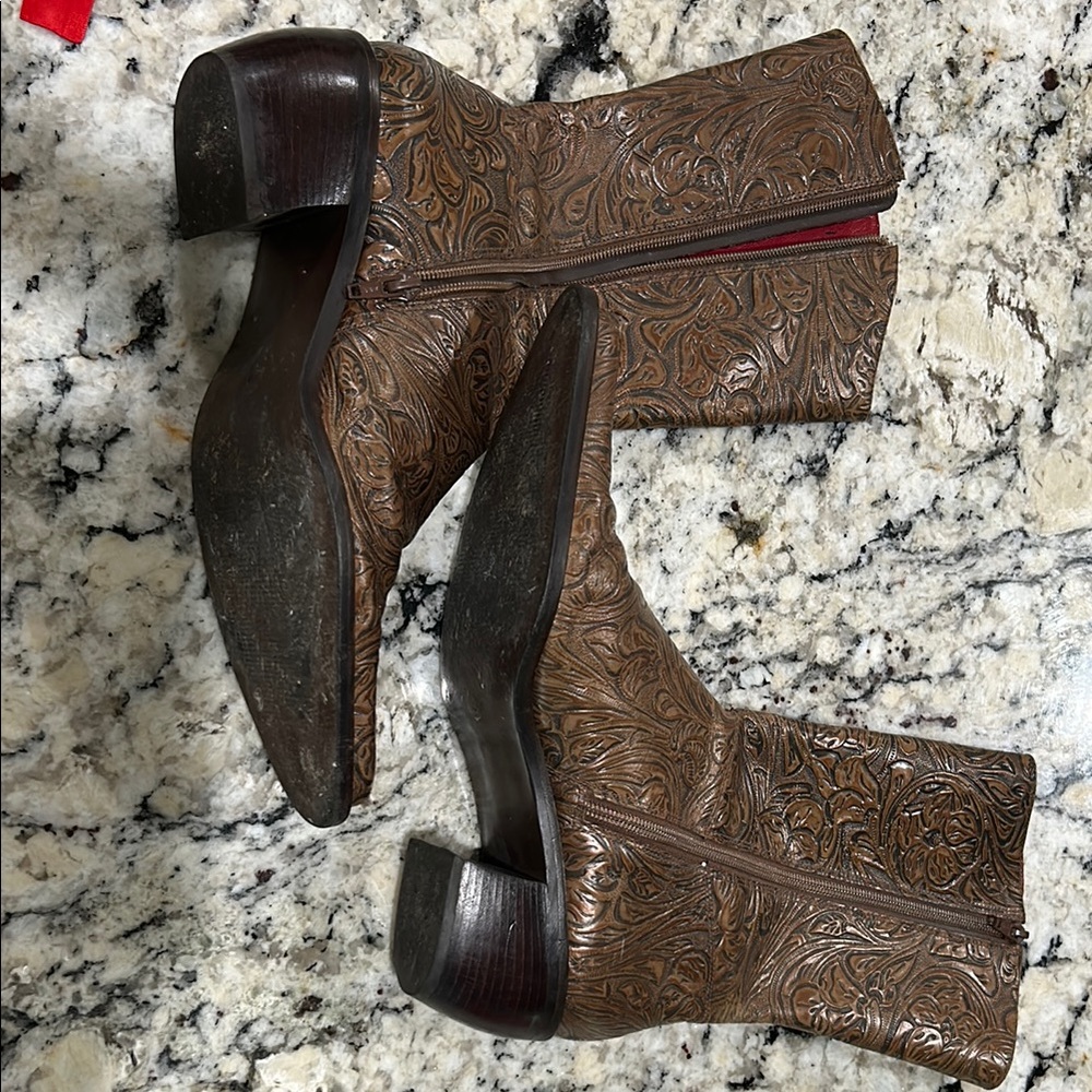 Brown Embossed Leather Ankle Boots